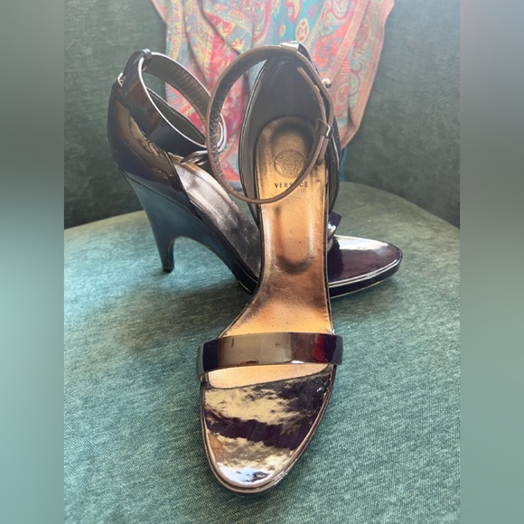 Versace 37.5 Patent Leather Ankle Strap Heels Eggplant Shaped Heel Italy - Picture 2 of 14